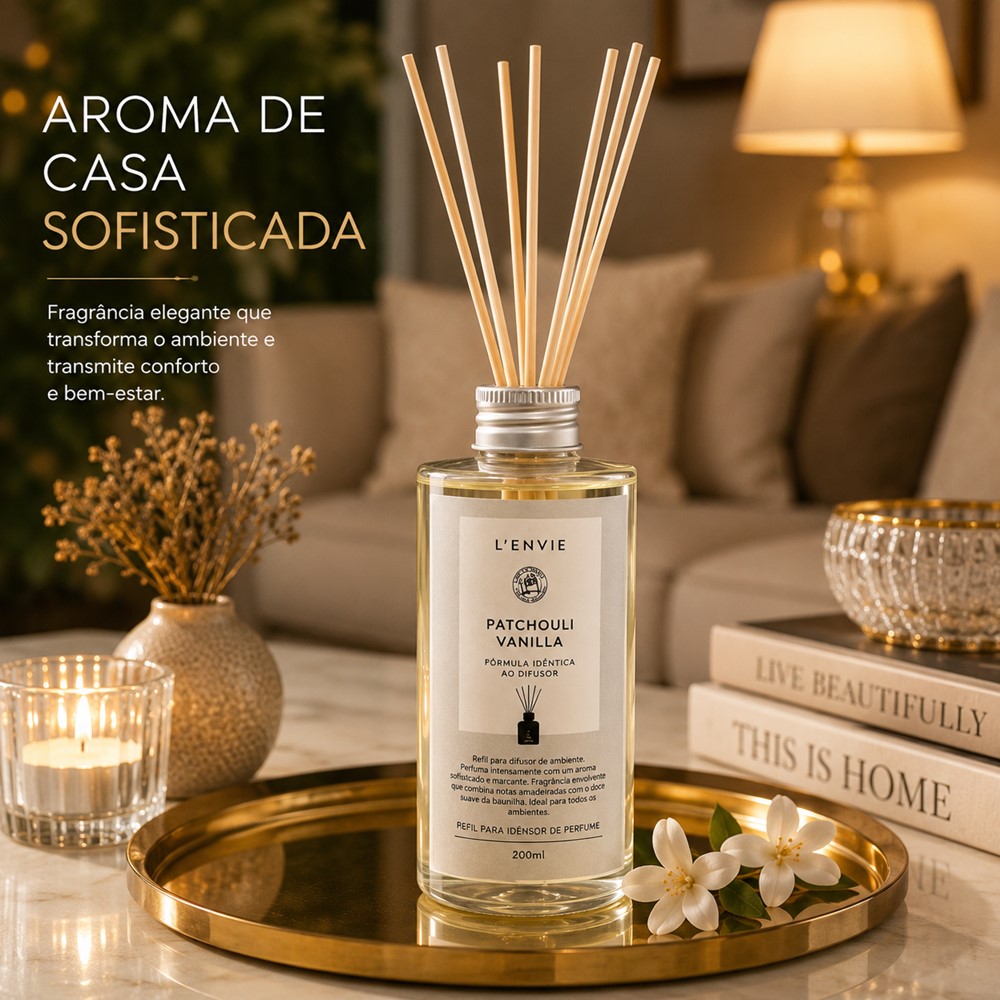 Kit 3 Refil Difusor de Perfume Patchouli Vanilla Lenvie com Varetas 200ml - Imagem 2
