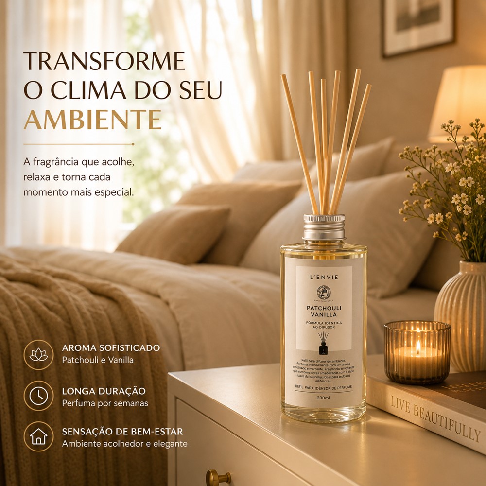 Kit 3 Refil Difusor de Perfume Patchouli Vanilla Lenvie com Varetas 200ml - Imagem 3