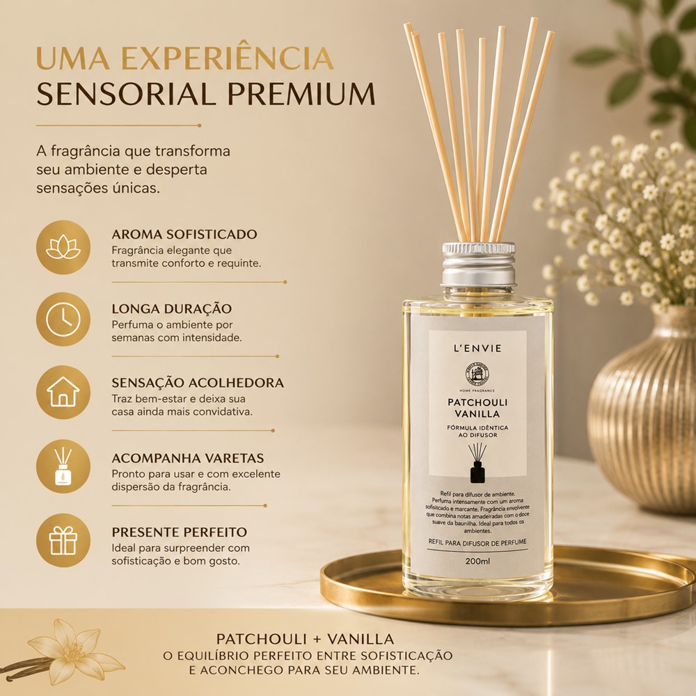 Refil Difusor de Perfume Patchouli Vanilla Lenvie com Varetas 200ml - Imagem 6