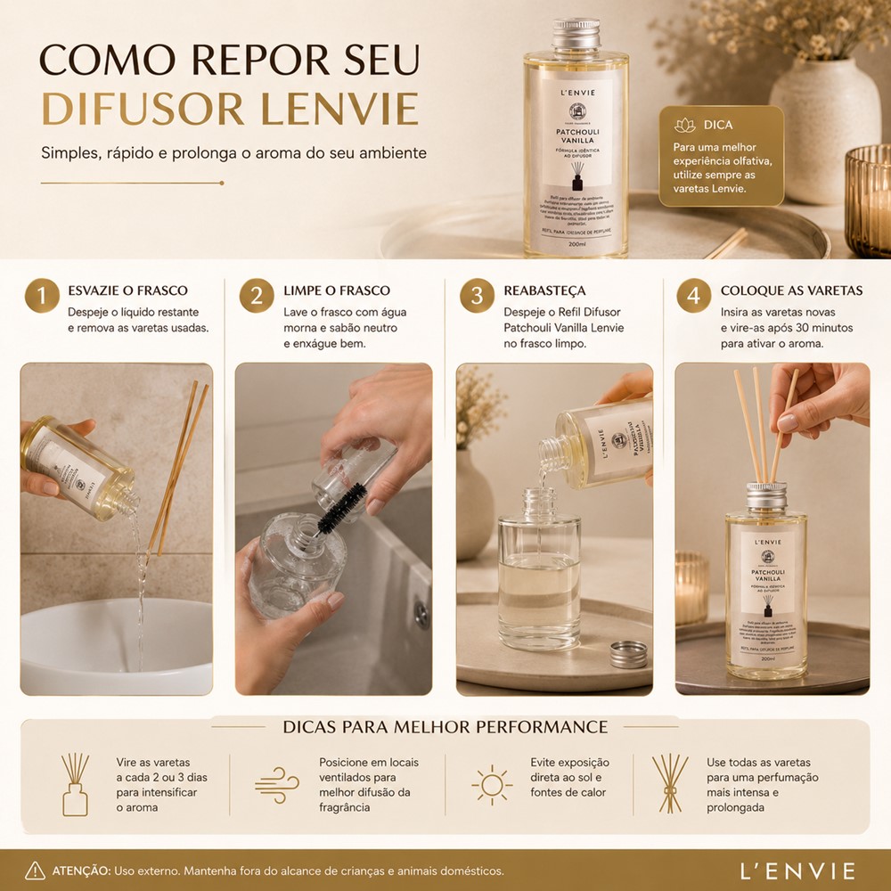 Kit 3 Refil Difusor de Perfume Patchouli Vanilla Lenvie com Varetas 200ml - Imagem 6